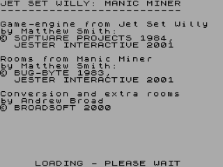 Manic Miner title screen for ZX Spectrum